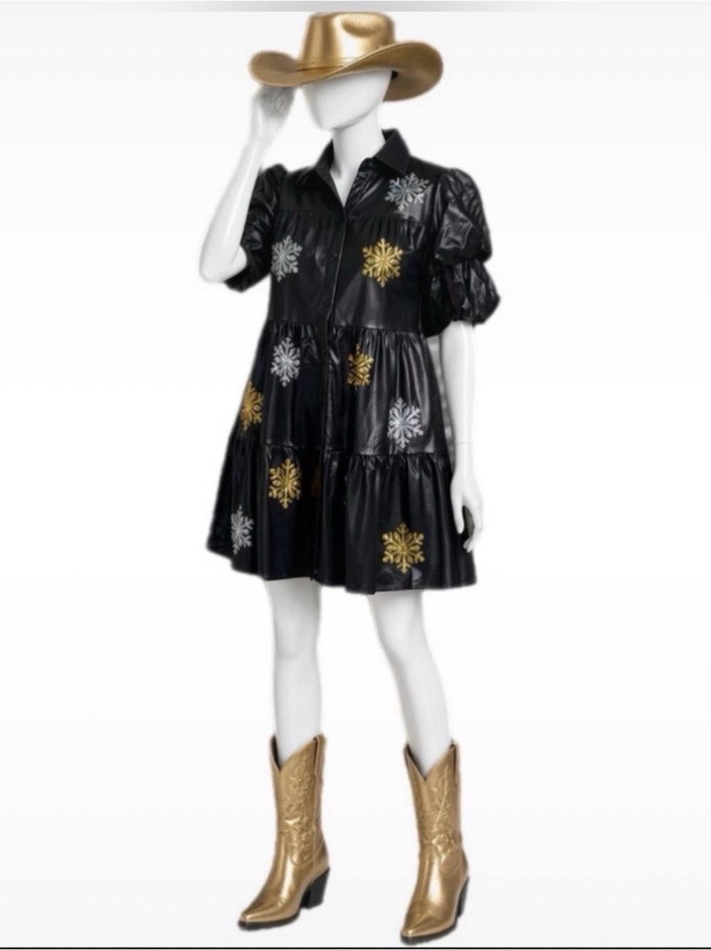 PEACH LOVE CALIFORNIA pleather black sequin snowflake holiday mini dress S M L - Picture 1 of 13